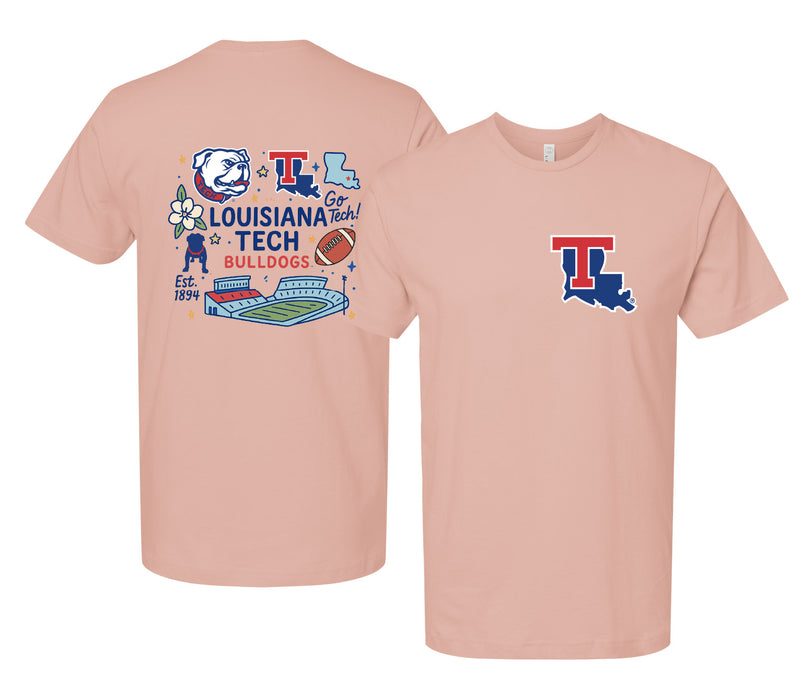 Louisiana Tech Bulldogs Officially Licensed Unisex T-Shirt – Left Chest and Large Back Medley Design