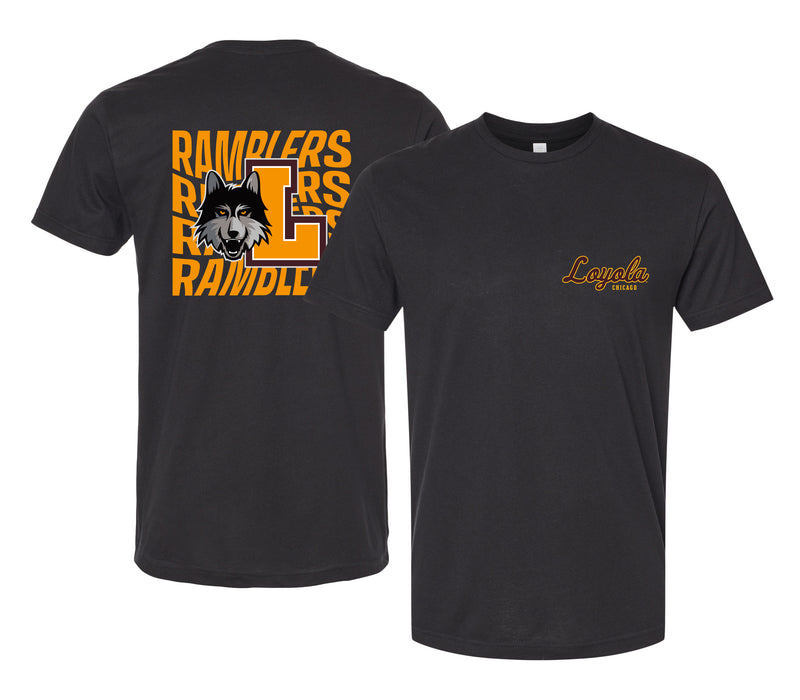 Loyola University Ramblers Officially Licensed Unisex T-Shirt – Left Chest and Large Back Ripple Design