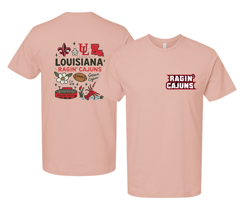 Louisiana at Lafayette Ragin' Cajuns Officially Licensed Unisex T-Shirt – Left Chest and Large Back Medley Design