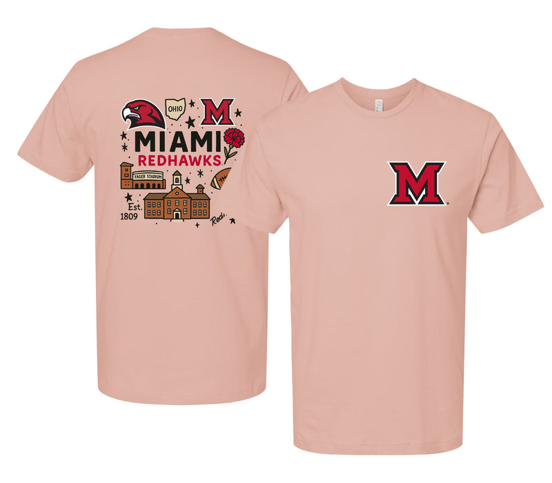 Miami University of Ohio Officially Licensed Unisex T-Shirt – Left Chest and Large Back Medley Design
