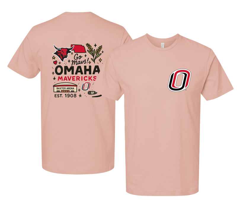 Nebraska at Omaha Officially Licensed Unisex T-Shirt – Left Chest and Large Back Medley Design