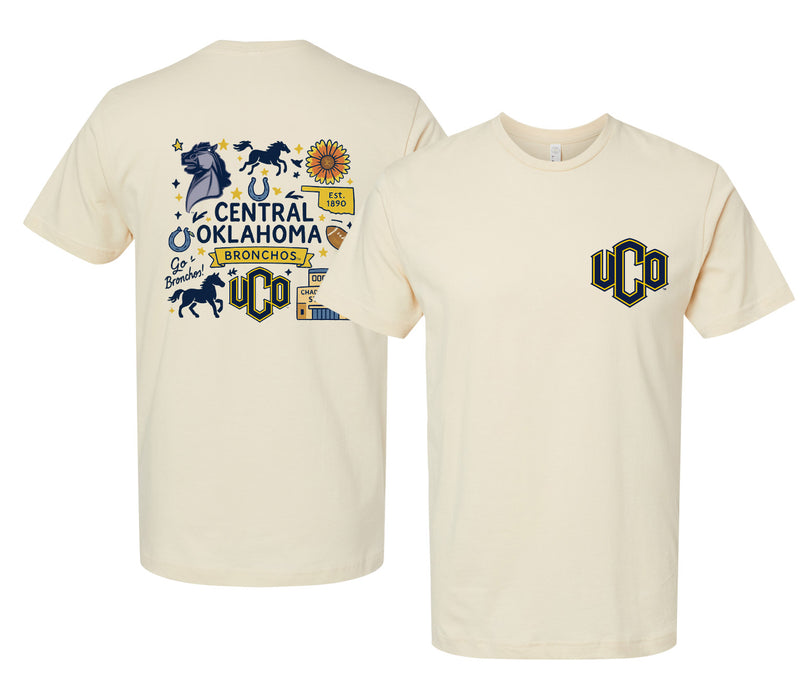 University of Central Oklahoma Bronchos Officially Licensed Unisex T-Shirt – Left Chest and Large Back Medley Design