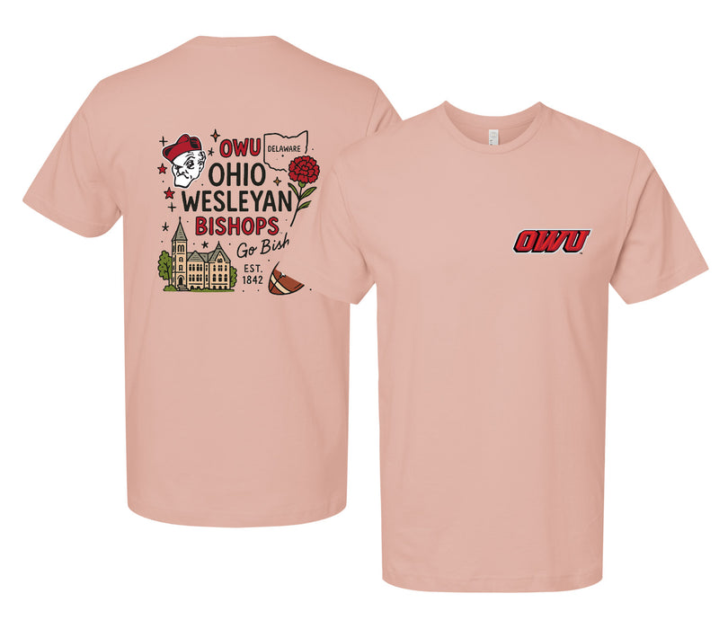 Ohio Wesleyan University Officially Licensed Unisex T-Shirt – Left Chest and Large Back Medley Design