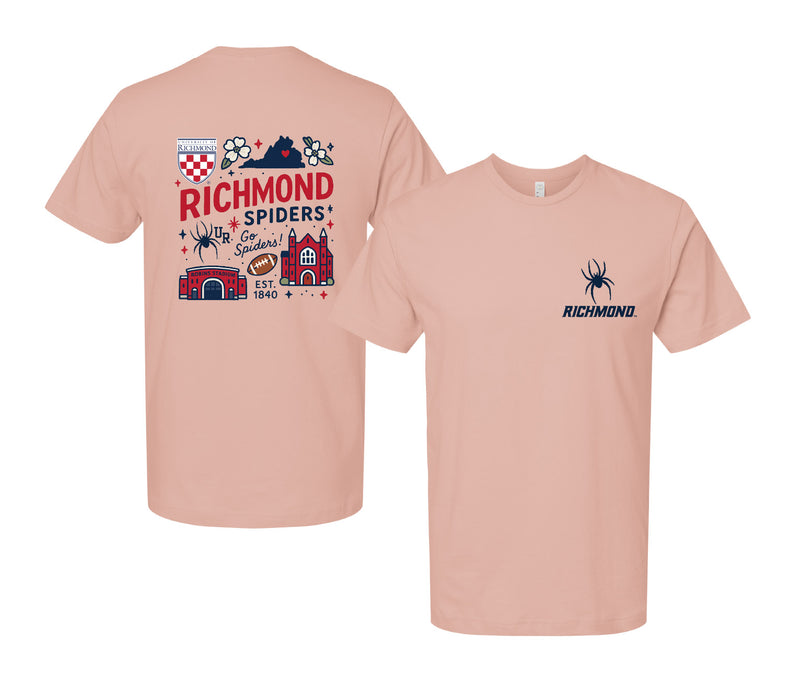 Richmond Spiders Officially Licensed Unisex T-Shirt – Left Chest and Large Back Medley Design