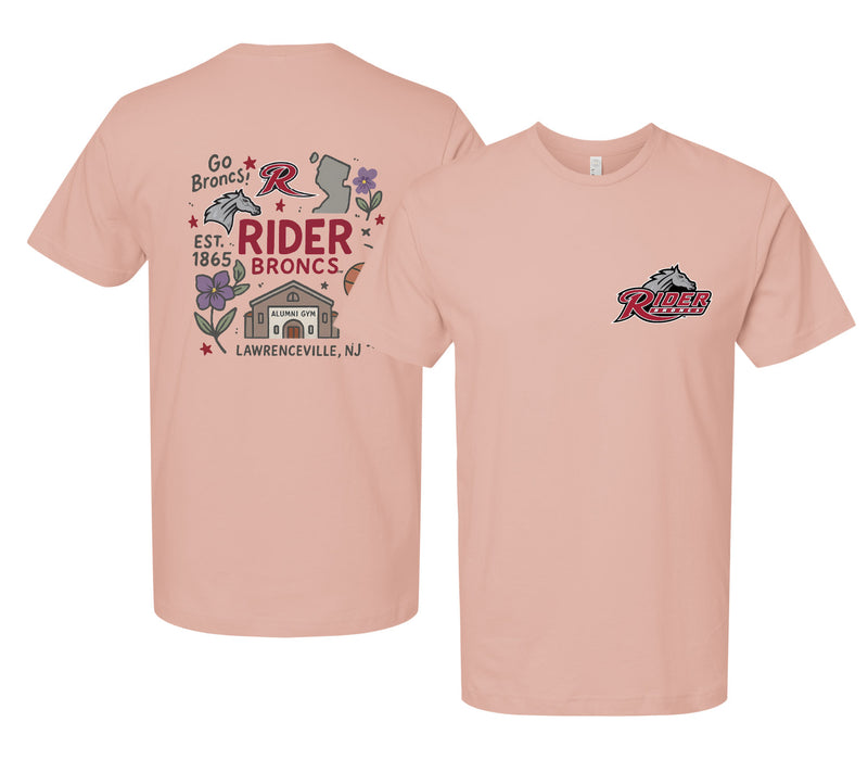 Rider University Broncs Officially Licensed Unisex T-Shirt – Left Chest and Large Back Medley Design