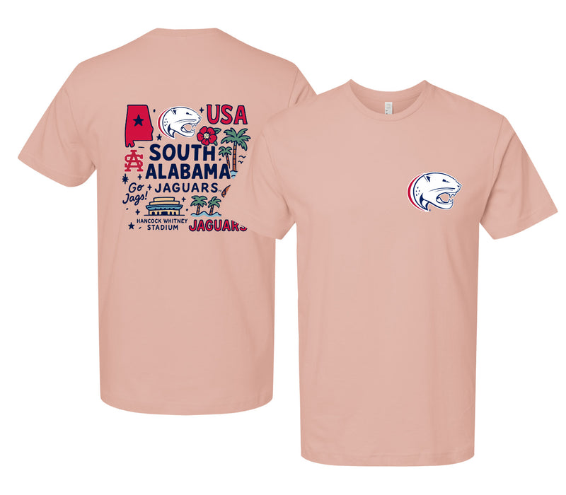 University of South Alabama Officially Licensed Unisex T-Shirt – Left Chest and Large Back Medley Design