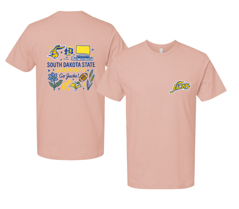 South Dakota State Jackrabbits Officially Licensed Unisex T-Shirt – Left Chest and Large Back Medley Design