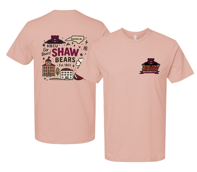 Shaw University Bears Officially Licensed Unisex T-Shirt – Left Chest and Large Back Medley Design