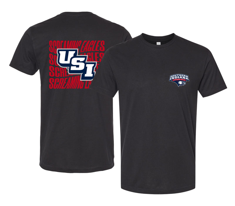 University of Southern Indiana Officially Licensed Unisex T-Shirt – Left Chest and Large Back Ripple Design