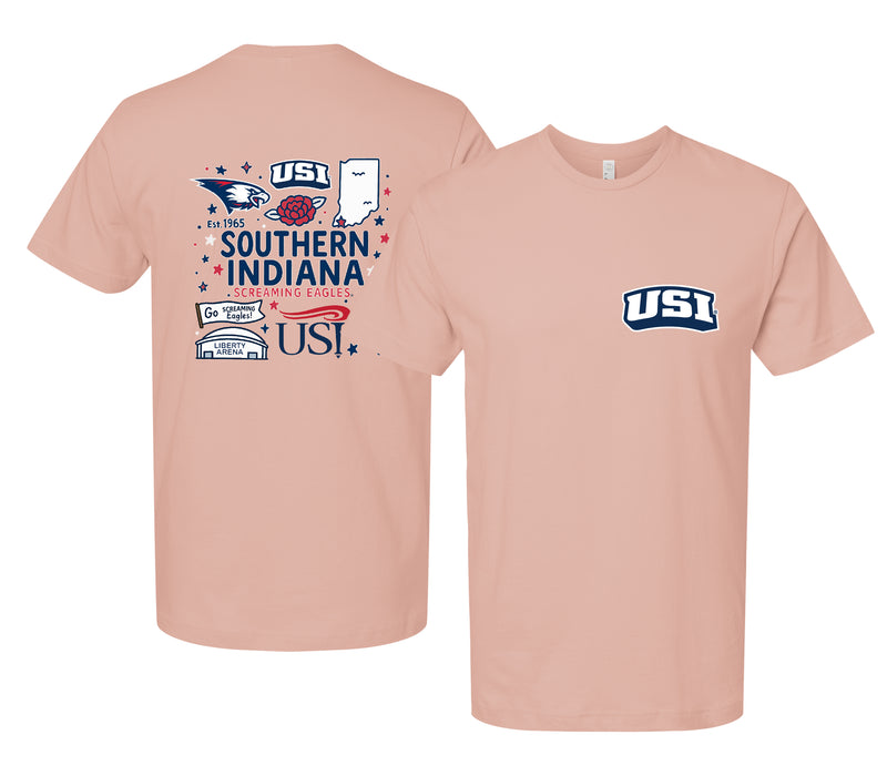 University of Southern Indiana Officially Licensed Unisex T-Shirt – Left Chest and Large Back Medley Design