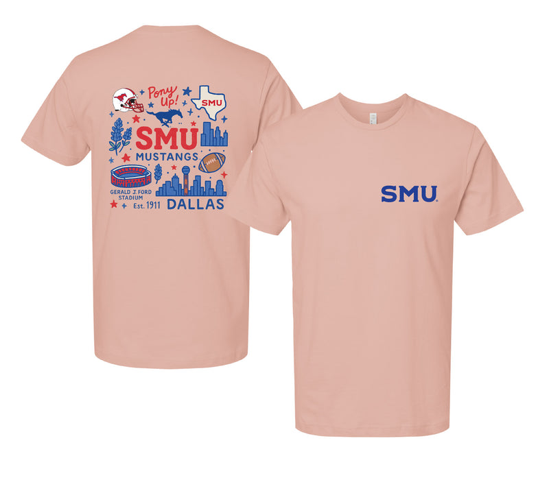 Southern Methodist University Officially Licensed Unisex T-Shirt – Left Chest and Large Back Medley Design