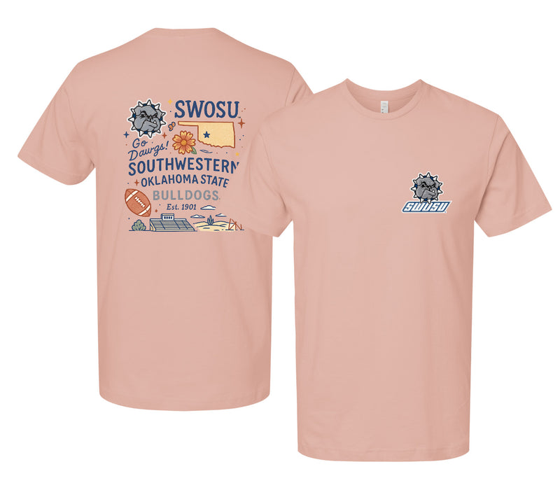 Southwestern Oklahoma State University Officially Licensed Unisex T-Shirt – Left Chest and Large Back Medley Design