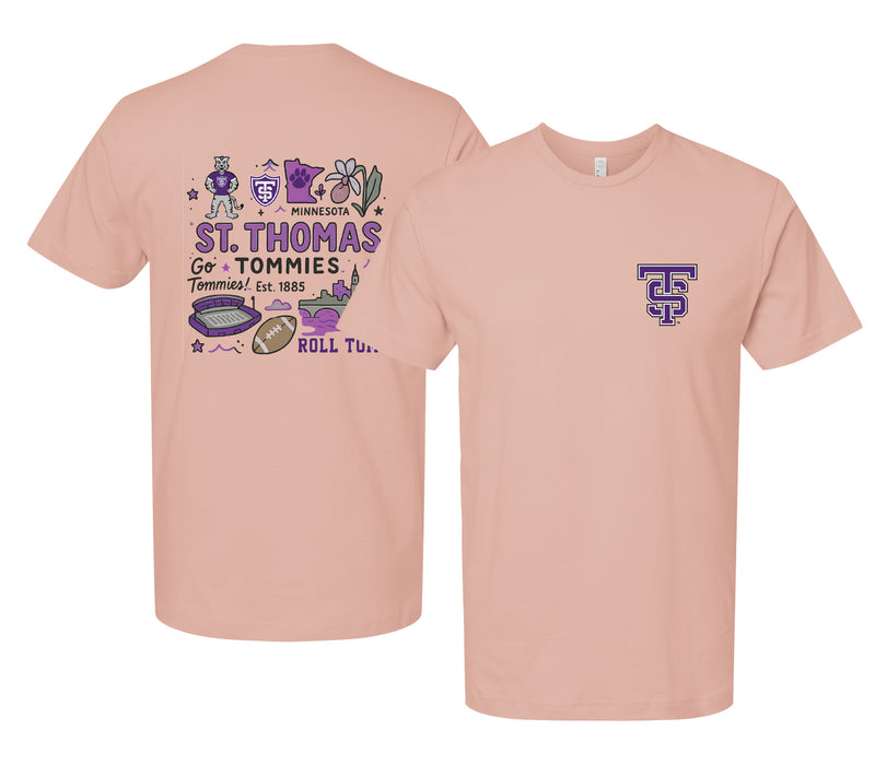 University of St. Thomas Officially Licensed Unisex T-Shirt – Left Chest and Large Back Medley Design
