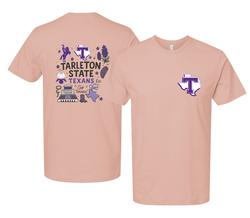 Tarleton State University Officially Licensed Unisex T-Shirt – Left Chest and Large Back Medley Design