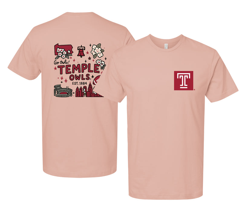 Temple University Officially Licensed Unisex T-Shirt – Left Chest and Large Back Medley Design