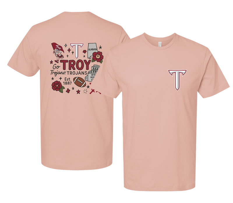 Troy University Officially Licensed Unisex T-Shirt – Left Chest and Large Back Medley Design