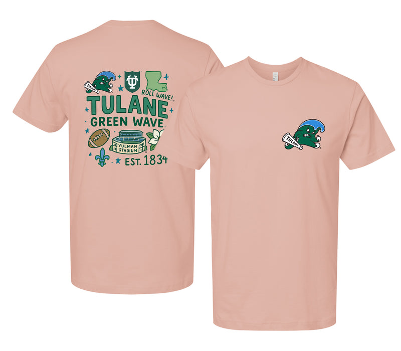 Tulane University Green Wave Officially Licensed Unisex T-Shirt – Left Chest and Large Back Medley Design