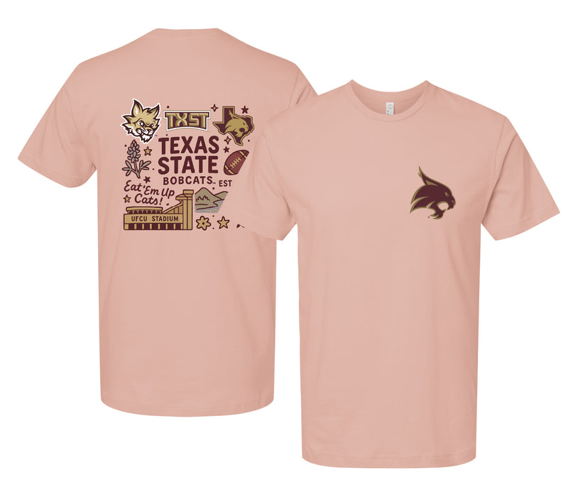 Texas State Bobcats Officially Licensed Unisex T-Shirt – Left Chest and Large Back Medley Design