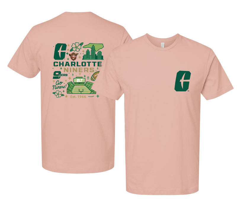 North Carolina Charlotte Forty-Niners Officially Licensed Unisex T-Shirt – Left Chest and Large Back Medley Design