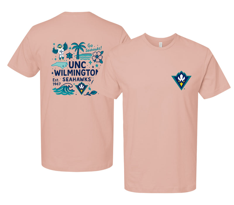 North Carolina Wilmington Seahawks Officially Licensed Unisex T-Shirt – Left Chest and Large Back Medley Design