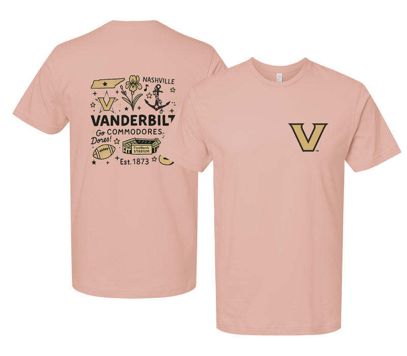 Vanderbilt University Officially Licensed Unisex T-Shirt – Left Chest and Large Back Medley Design