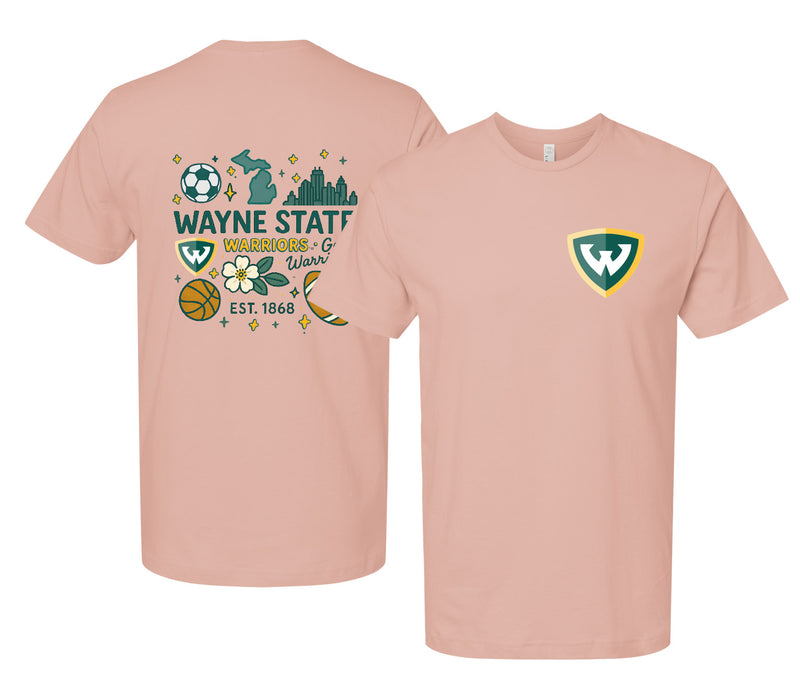 Wayne State Officially Licensed Unisex T-Shirt – Left Chest and Large Back Medley Design