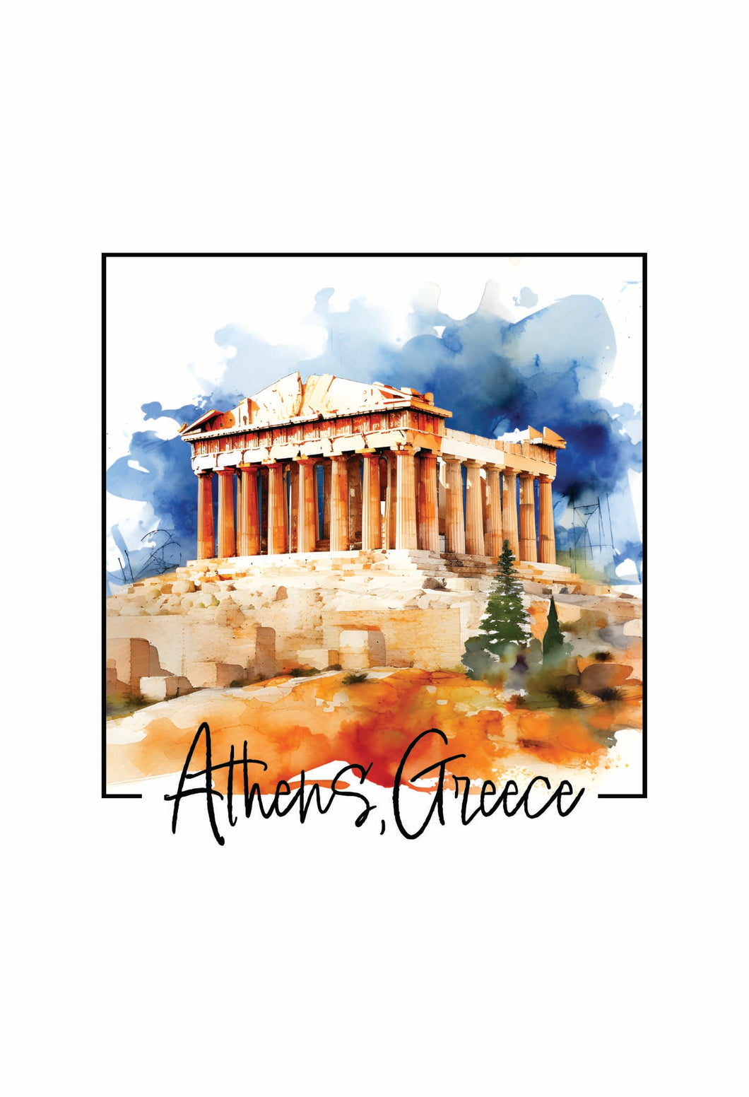Athens Greece Watercolor Acropolis Design Souvenir Metal Sign 9 x 15 