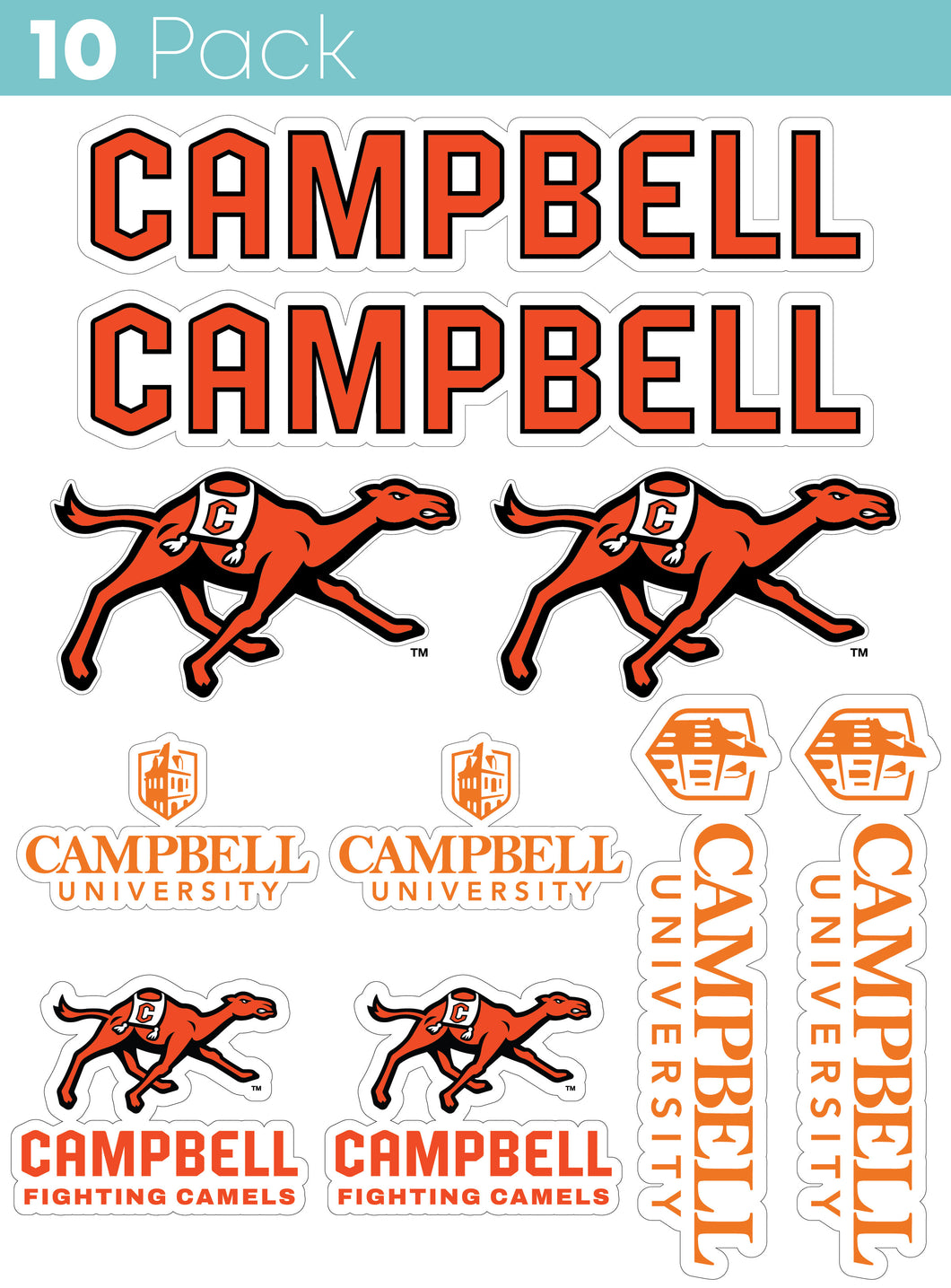 Campbell University Fighting Camels 10-Pack, 4 inches in size on one of its sides NCAA Durable School Spirit Vinyl Decal Sticker