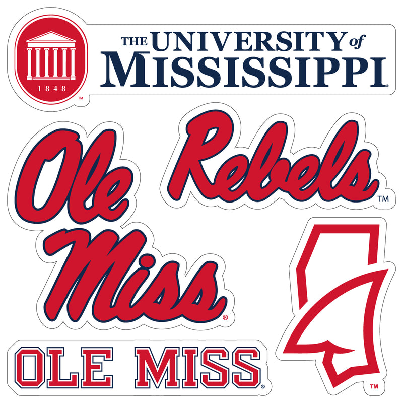 Mississippi Rebels "Ole Miss" Officially Licensed College Sticker Multipack - School Spirit Decal Set 5-Pack