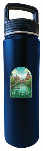 Shanghai China Old Town Design Souvenir 32 oz Insulated Stainless Steel Tumbler Water Bottle with Screw on Lid Navy Single