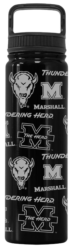 Marshall Thundering Herd Officially Licensed 24 oz Engraved Insulated Tumbler Water Bottle with Screw on Lid Black