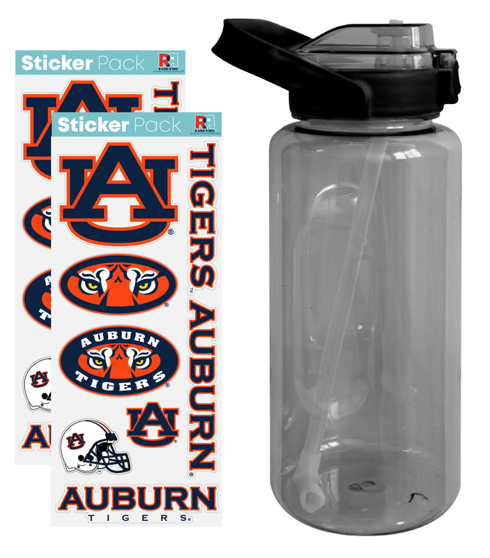 Auburn Tigers Waterproof Stickers with 64 oz Large Water Bottle with Screw-on Top and Straw Officially Licensed Product Single