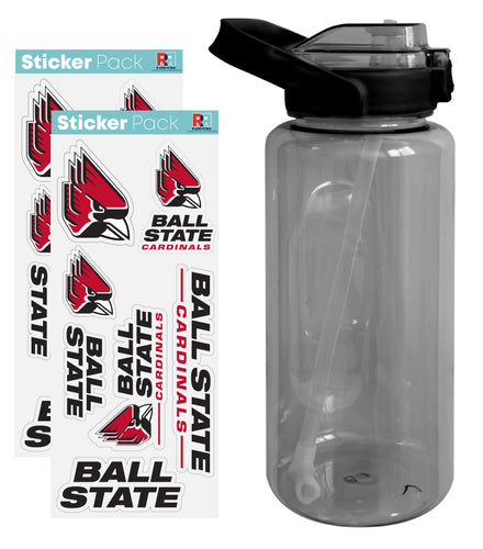 Ball State University Waterproof Stickers with 64 oz Large Water Bottle with Screw-on Top and Straw Officially Licensed Product 4-Pack