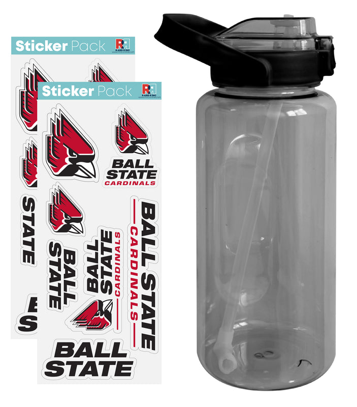 Ball State University Waterproof Stickers with 64 oz Large Water Bottle with Screw-on Top and Straw Officially Licensed Product 4-Pack