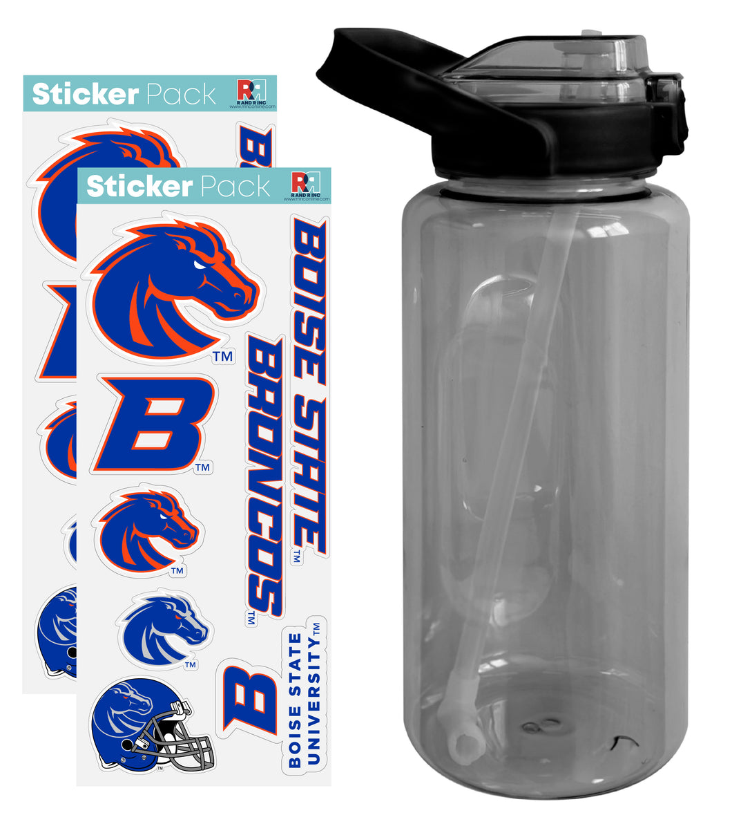 Boise State Broncos Waterproof Stickers with 64 oz Large Water Bottle with Screw-on Top and Straw Officially Licensed Product Single