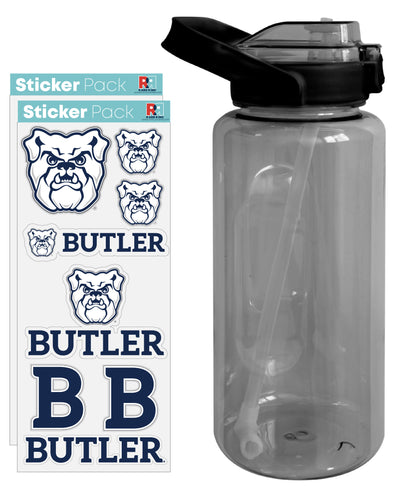 Butler Bulldogs Waterproof Stickers with 64 oz Large Water Bottle with Screw-on Top and Straw Officially Licensed Product Single