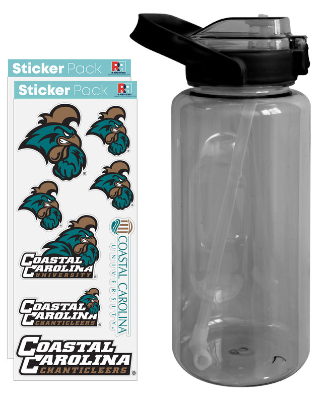 Coastal Carolina University Waterproof Stickers with 64 oz Large Water Bottle with Screw-on Top and Straw Officially Licensed Product Single