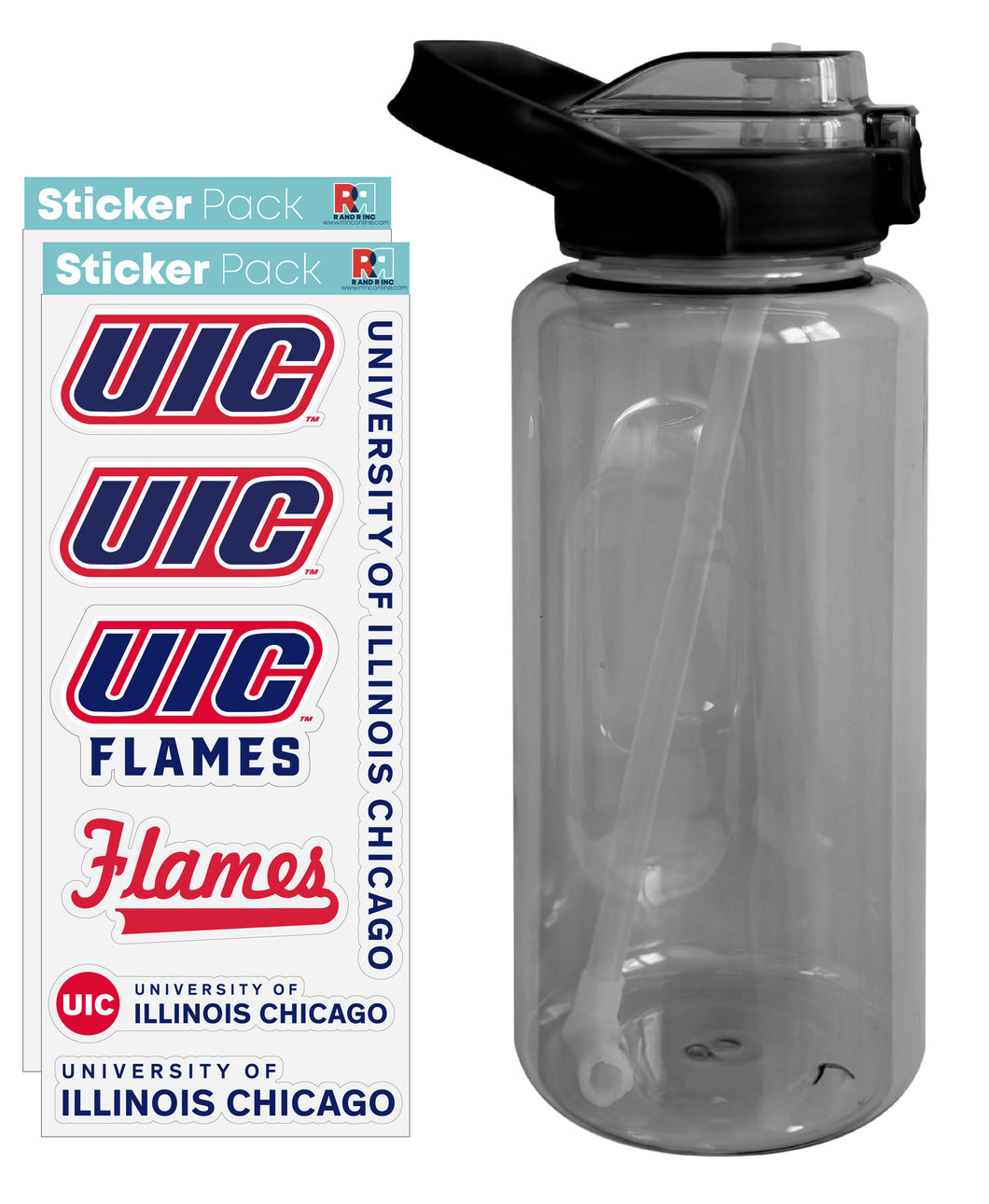 University of Illinois at Chicago Waterproof Stickers with 64 oz Large Water Bottle with Screw-on Top and Straw Officially Licensed Product Single