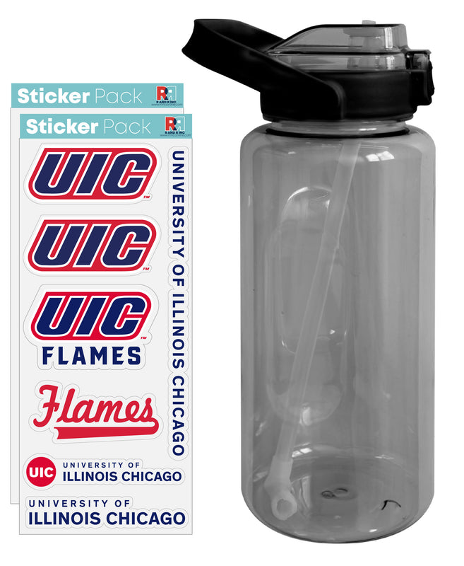 University of Illinois at Chicago Waterproof Stickers with 64 oz Large Water Bottle with Screw-on Top and Straw Officially Licensed Product Single