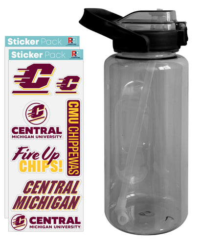 Central Michigan University Waterproof Stickers with 64 oz Large Water Bottle with Screw-on Top and Straw Officially Licensed Product 4-Pack