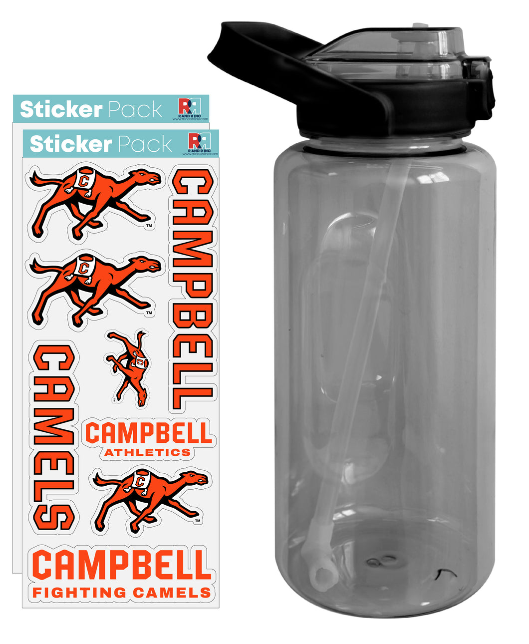 Campbell University Fighting Camels Waterproof Stickers with 64 oz Large Water Bottle with Screw-on Top and Straw Officially Licensed Product Single