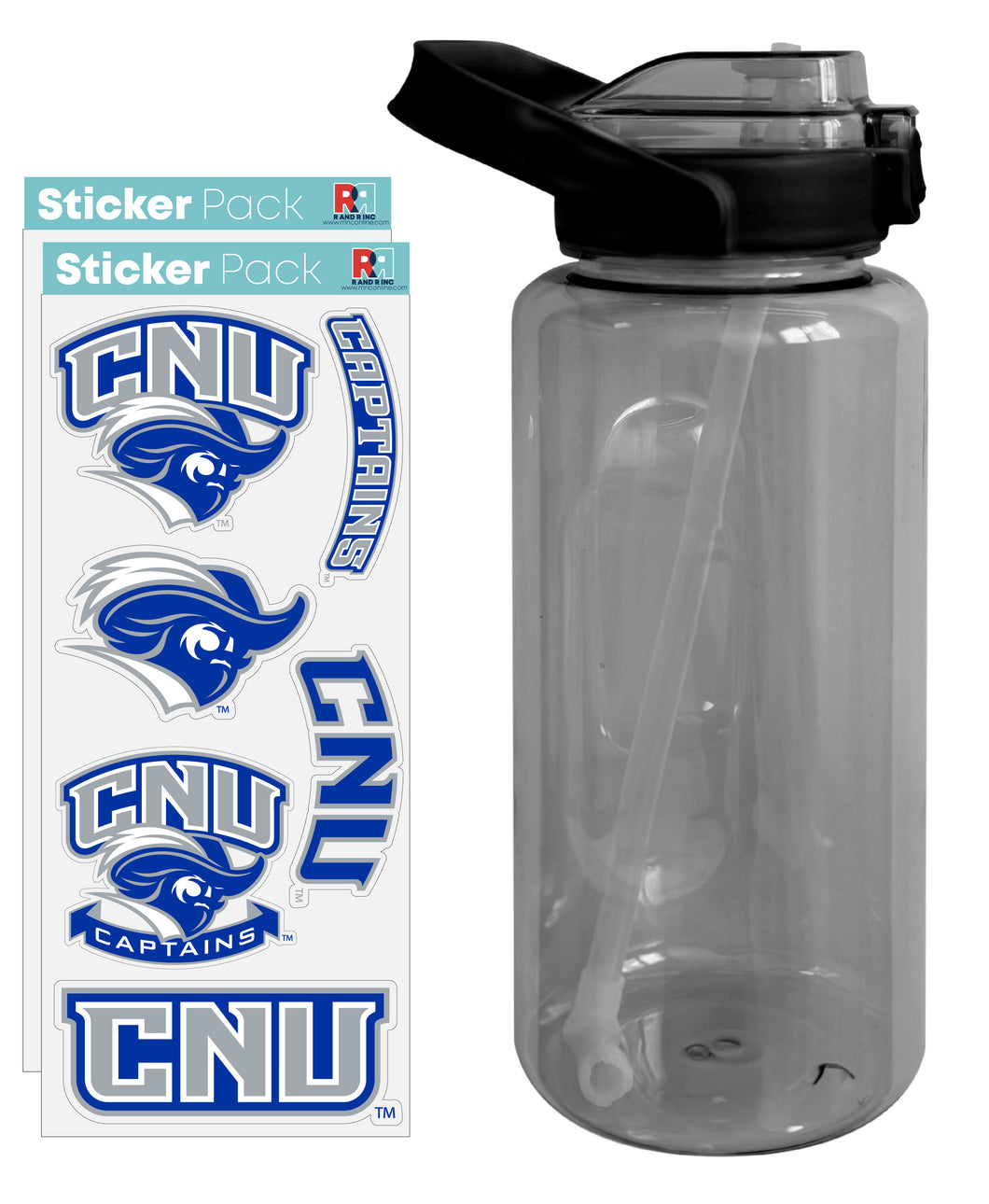Christopher Newport Captains Waterproof Stickers with 64 oz Large Water Bottle with Screw-on Top and Straw Officially Licensed Product Single