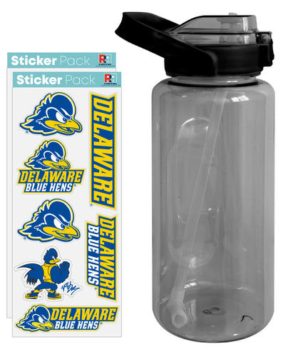 Delaware Blue Hens Waterproof Stickers with 64 oz Large Water Bottle with Screw-on Top and Straw Officially Licensed Product Single