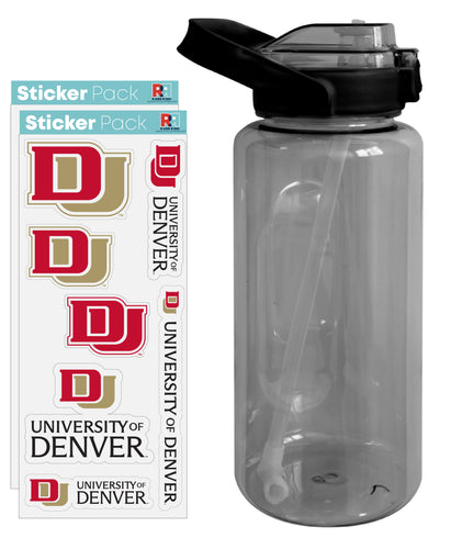 University of Denver Pioneers Waterproof Stickers with 64 oz Large Water Bottle with Screw-on Top and Straw Officially Licensed Product 2-Pack