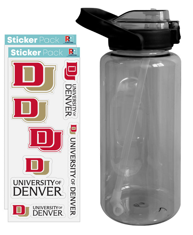 University of Denver Pioneers Waterproof Stickers with 64 oz Large Water Bottle with Screw-on Top and Straw Officially Licensed Product 2-Pack