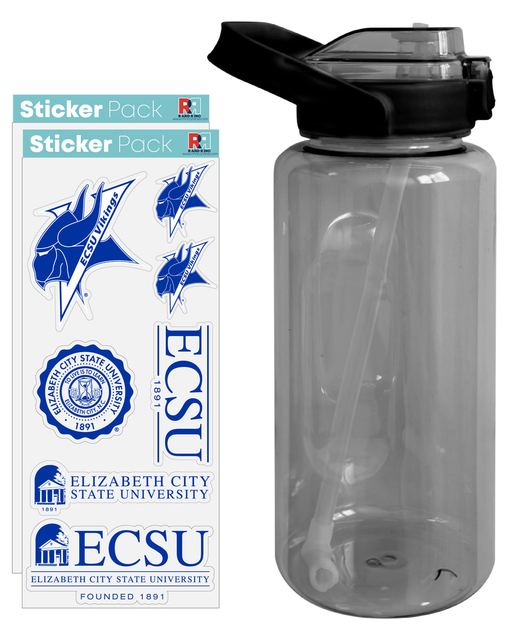 Elizabeth City State University Waterproof Stickers with 64 oz Large Water Bottle with Screw-on Top and Straw Officially Licensed Product 4-Pack