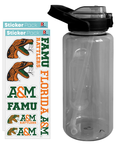 Florida A&M Rattlers Waterproof Stickers with 64 oz Large Water Bottle with Screw-on Top and Straw Officially Licensed Product 4-Pack
