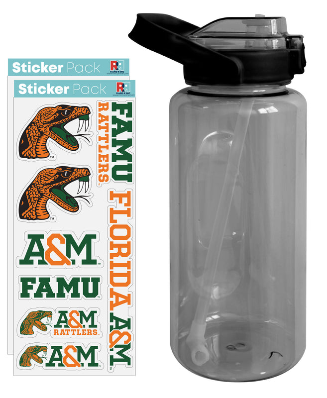 Florida A&M Rattlers Waterproof Stickers with 64 oz Large Water Bottle with Screw-on Top and Straw Officially Licensed Product 4-Pack