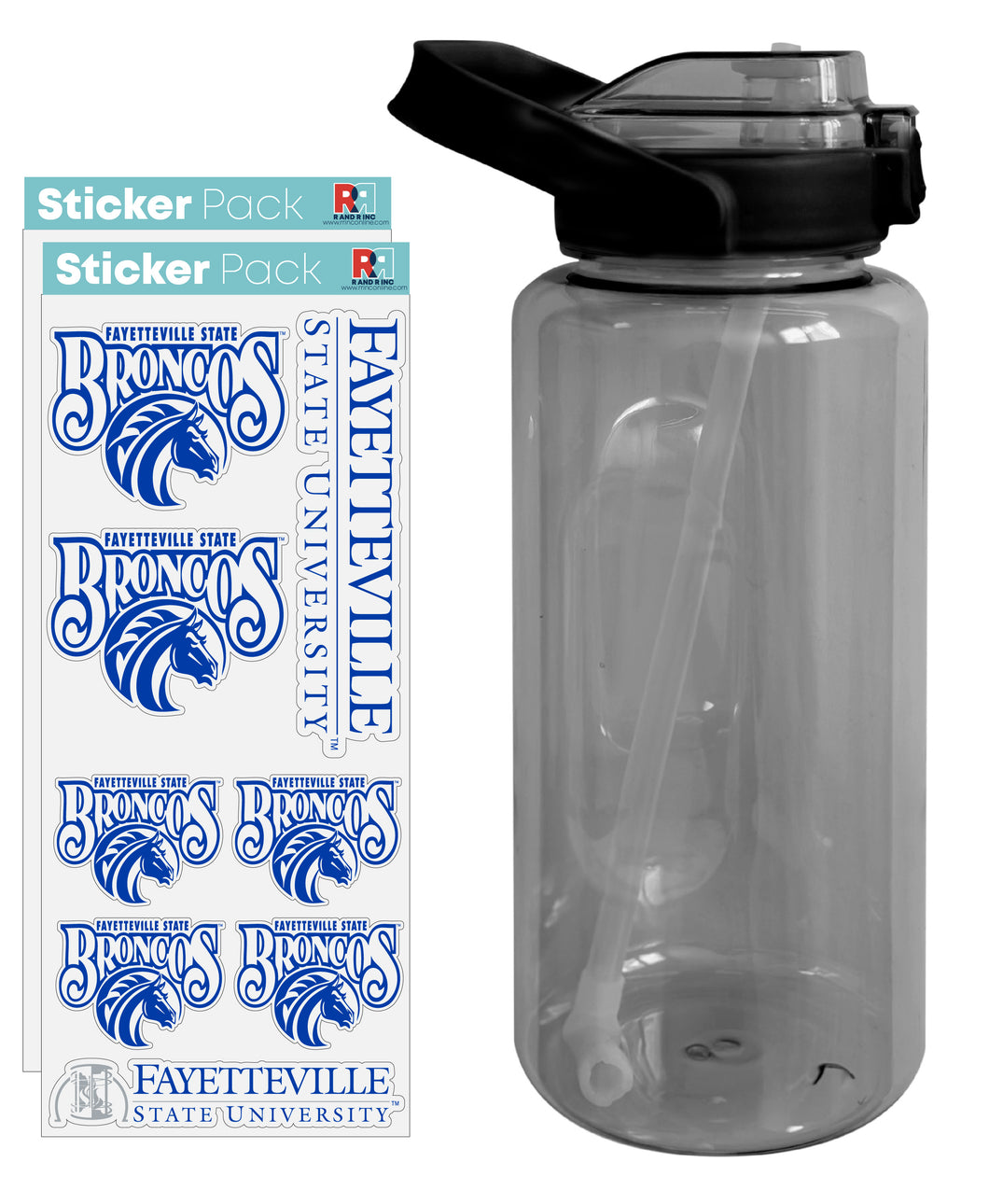 Fayetteville State University Waterproof Stickers with 64 oz Large Water Bottle with Screw-on Top and Straw Officially Licensed Product Single