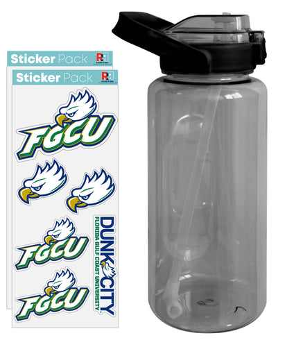 Florida Gulf Coast Eagles Waterproof Stickers with 64 oz Large Water Bottle with Screw-on Top and Straw Officially Licensed Product 4-Pack